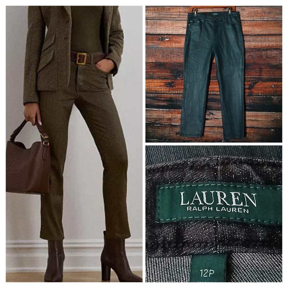 Lauren Ralph Lauren Jeans 12 Petite Coated High Rise Ankle Straight Dark Green